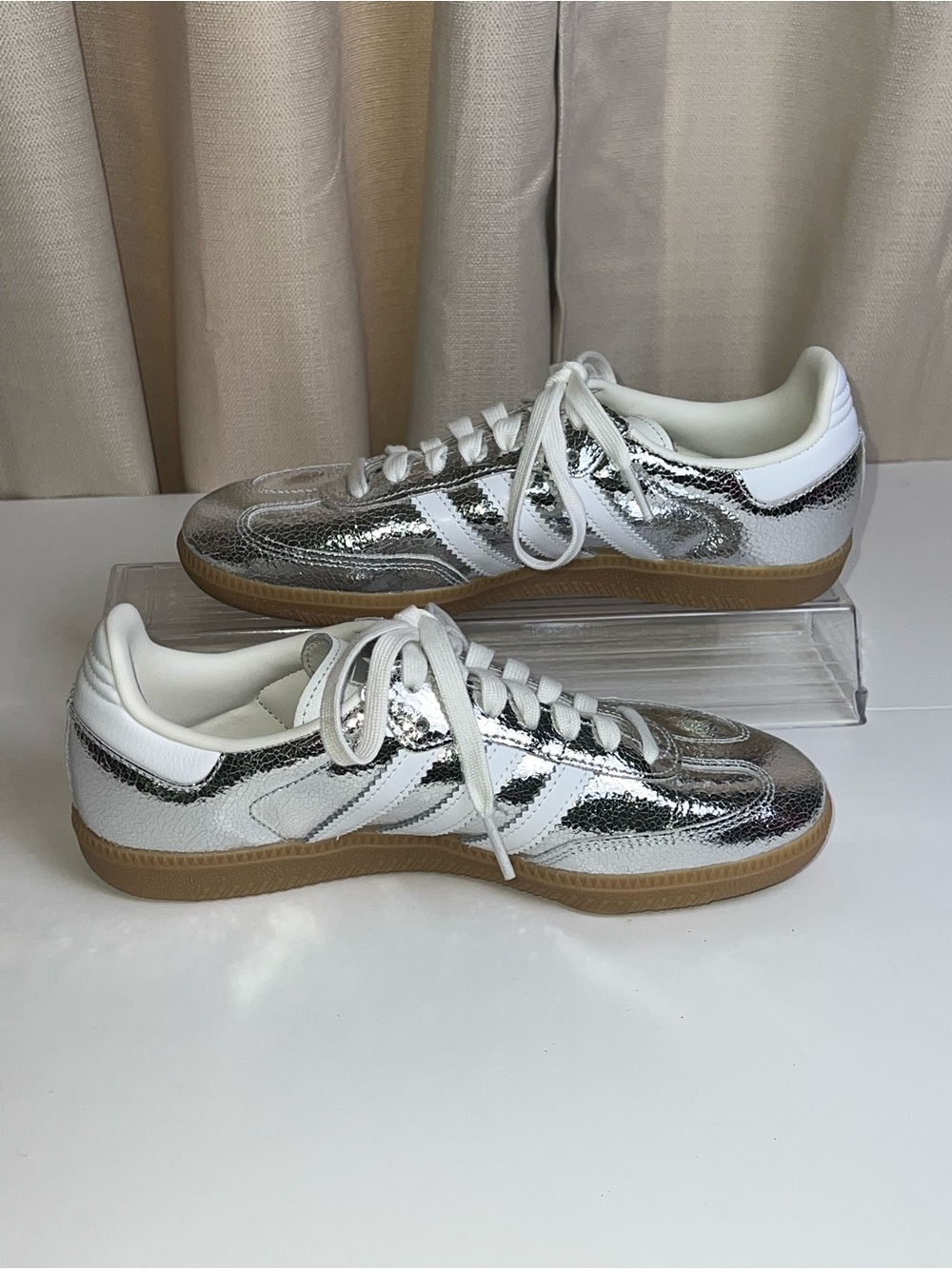 NWOT ADIDAS Samba Sneakers Featuring Silver Cracked Metallic Leather Upper - Picture 2 of 13